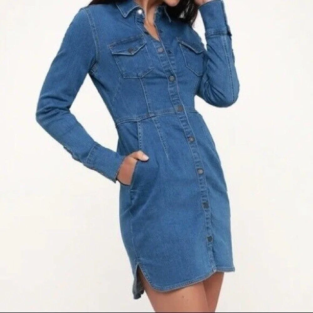 Free People Dynomite Denim Mini Shirt Dress Retro 70's Western Medium H14890 - Picture 1 of 15